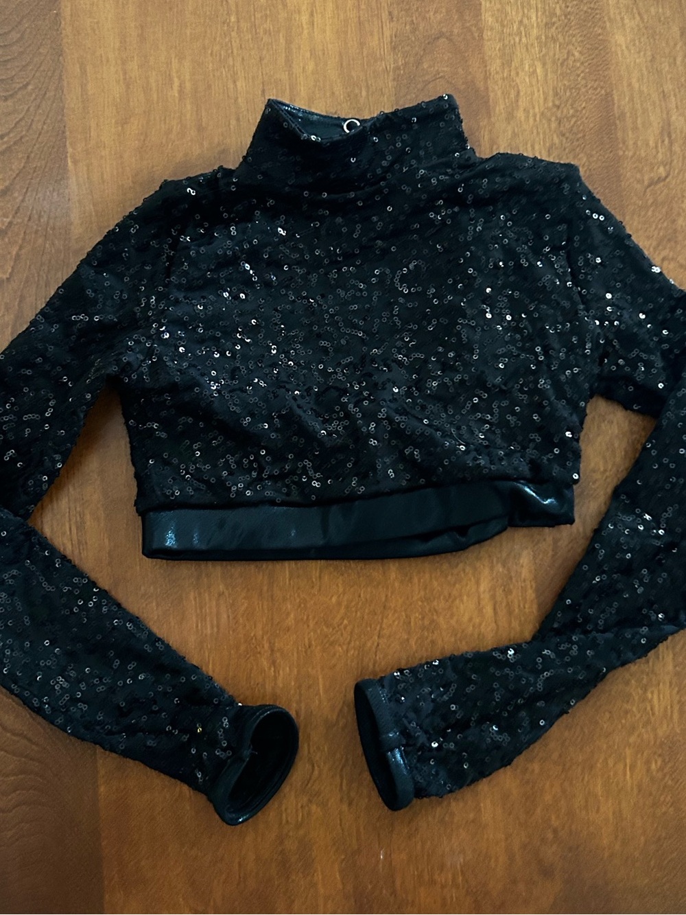Balera Black Sequin Cropped Long-Sleeve Top - with Back Keyhole Opening. Size IC